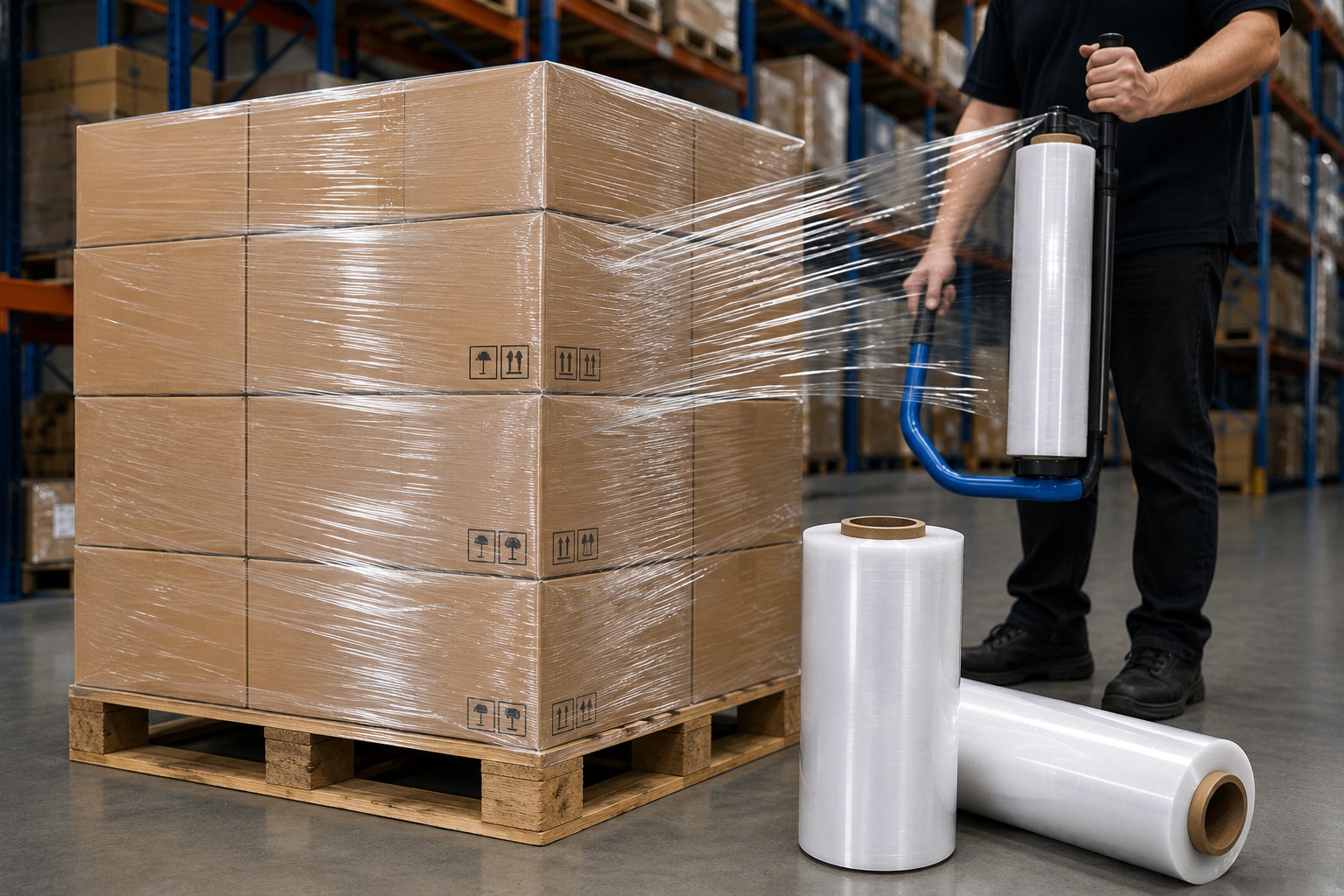 Pallet hàng đã quấn màng PE cố định